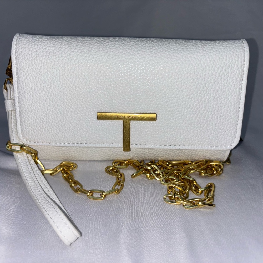 White Leather Crossbody Bag with Gold Chain